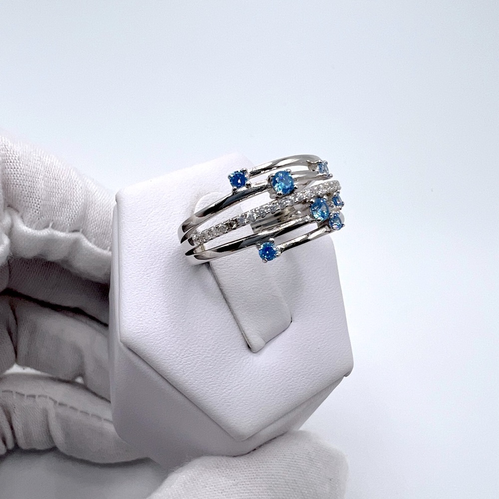 Sterling Silver Blue Topaz Cz & Clear Cz Ring - Picture 12 of 17